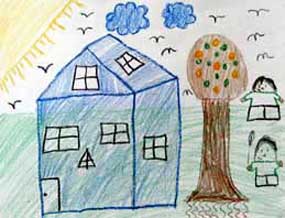 large sun, white clouds, birds above a big many windowed house, large lawn, 2 children playing, and a fruit tree with visible roots in the ground